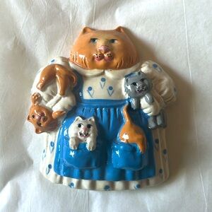 Charming Cat & Kittens Clay art Figurine with Blue Dress & Stand.